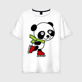 Женская футболка хлопок Oversize с принтом Панда на коньках в Санкт-Петербурге, 100% хлопок | свободный крой, круглый ворот, спущенный рукав, длина до линии бедер
 | панда