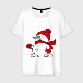 Мужская футболка хлопок с принтом Снеговик в Санкт-Петербурге, 100% хлопок | прямой крой, круглый вырез горловины, длина до линии бедер, слегка спущенное плечо. | 