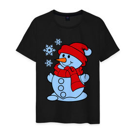 Мужская футболка хлопок с принтом Снеговик и снежинки в Санкт-Петербурге, 100% хлопок | прямой крой, круглый вырез горловины, длина до линии бедер, слегка спущенное плечо. | зима | новый год | снег | снеговик | снежинки
