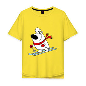 Мужская футболка хлопок Oversize с принтом Мишка на лыжах. в Санкт-Петербурге, 100% хлопок | свободный крой, круглый ворот, “спинка” длиннее передней части | белый | зима | лыжи | медведь | мишка | новый год