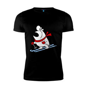 Мужская футболка премиум с принтом Мишка на лыжах. в Санкт-Петербурге, 92% хлопок, 8% лайкра | приталенный силуэт, круглый вырез ворота, длина до линии бедра, короткий рукав | белый | зима | лыжи | медведь | мишка | новый год
