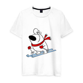Мужская футболка хлопок с принтом Мишка на лыжах. в Санкт-Петербурге, 100% хлопок | прямой крой, круглый вырез горловины, длина до линии бедер, слегка спущенное плечо. | Тематика изображения на принте: белый | зима | лыжи | медведь | мишка | новый год