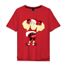 Мужская футболка хлопок Oversize с принтом Санта бодибилдер в Санкт-Петербурге, 100% хлопок | свободный крой, круглый ворот, “спинка” длиннее передней части | 2015 | бодибилдер | культурист | новый год | рождество | санта