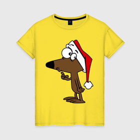 Женская футболка хлопок с принтом Собачка в новогодней шапке в Санкт-Петербурге, 100% хлопок | прямой крой, круглый вырез горловины, длина до линии бедер, слегка спущенное плечо | 2015 | new year | новый год | собака | шапка