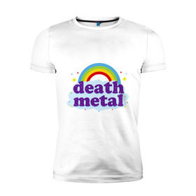Мужская футболка премиум с принтом Rainbow death metal в Санкт-Петербурге, 92% хлопок, 8% лайкра | приталенный силуэт, круглый вырез ворота, длина до линии бедра, короткий рукав | будь металистом | волшебство | метал | музыка | оставайся рокером | прикол | радуга | рок | рокерам