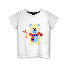 Детская футболка хлопок с принтом Мишка в Санкт-Петербурге, 100% хлопок | круглый вырез горловины, полуприлегающий силуэт, длина до линии бедер | конфета | леденец | медведь | мишка | нг | новый год | шарф
