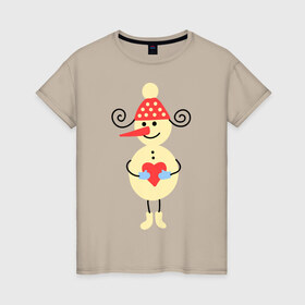 Женская футболка хлопок с принтом Снеговик в Санкт-Петербурге, 100% хлопок | прямой крой, круглый вырез горловины, длина до линии бедер, слегка спущенное плечо | 2015 | нг | новый год | сердечко | снеговик