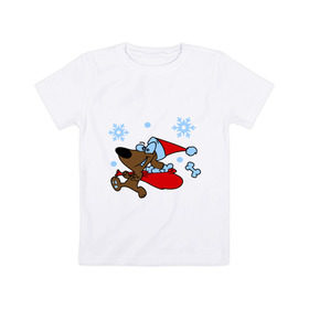 Детская футболка хлопок с принтом Собачка в новогоднем колпаке в Санкт-Петербурге, 100% хлопок | круглый вырез горловины, полуприлегающий силуэт, длина до линии бедер | new year | новый год | пес | собака