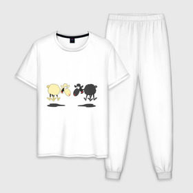 Мужская пижама хлопок с принтом Прыгающие овечки в Санкт-Петербурге, 100% хлопок | брюки и футболка прямого кроя, без карманов, на брюках мягкая резинка на поясе и по низу штанин
 | 2015 | бараны | животные | овечки | приколы | символ года | ягнята