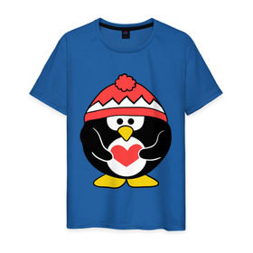 Мужская футболка хлопок с принтом Пингвин с сердцем в Санкт-Петербурге, 100% хлопок | прямой крой, круглый вырез горловины, длина до линии бедер, слегка спущенное плечо. | пингвин