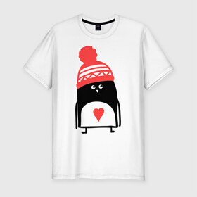Мужская футболка премиум с принтом Пингвин в шапке в Санкт-Петербурге, 92% хлопок, 8% лайкра | приталенный силуэт, круглый вырез ворота, длина до линии бедра, короткий рукав | Тематика изображения на принте: пингвин