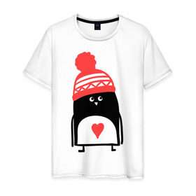 Мужская футболка хлопок с принтом Пингвин в шапке в Санкт-Петербурге, 100% хлопок | прямой крой, круглый вырез горловины, длина до линии бедер, слегка спущенное плечо. | Тематика изображения на принте: пингвин