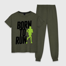 Женская пижама хлопок с принтом Рожден для бега в Санкт-Петербурге, 100% хлопок | брюки и футболка прямого кроя, без карманов, на брюках мягкая резинка на поясе и по низу штанин | born to run | run | бегать | рожден | рожден бежать