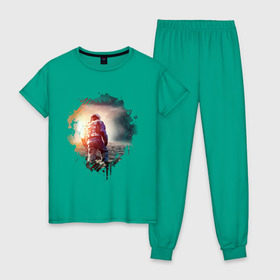 Женская пижама хлопок с принтом Interstellar в Санкт-Петербурге, 100% хлопок | брюки и футболка прямого кроя, без карманов, на брюках мягкая резинка на поясе и по низу штанин | interstellar | интерстеллар | космонавт | космос