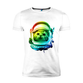 Мужская футболка премиум с принтом Кот космонавт в Санкт-Петербурге, 92% хлопок, 8% лайкра | приталенный силуэт, круглый вырез ворота, длина до линии бедра, короткий рукав | space | астронавт | животные | звезды | космос | кот | кошка | мордочка | шлем