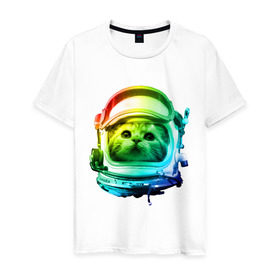 Мужская футболка хлопок с принтом Кот космонавт в Санкт-Петербурге, 100% хлопок | прямой крой, круглый вырез горловины, длина до линии бедер, слегка спущенное плечо. | space | астронавт | животные | звезды | космос | кот | кошка | мордочка | шлем
