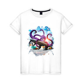 Женская футболка хлопок с принтом Пингвины Мадагаскара в Санкт-Петербурге, 100% хлопок | прямой крой, круглый вырез горловины, длина до линии бедер, слегка спущенное плечо | мадагаскар | мультик | осминог | пингвины