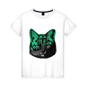 Женская футболка хлопок с принтом Кот свэг в Санкт-Петербурге, 100% хлопок | прямой крой, круглый вырез горловины, длина до линии бедер, слегка спущенное плечо | город | горы | двойная экспозиция | животные | кот | лес | пейзаж | силуэт