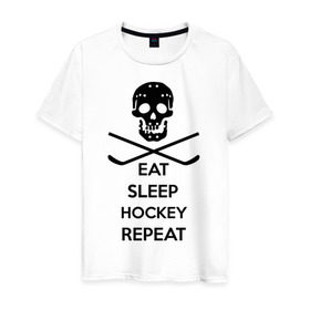Мужская футболка хлопок с принтом Eat sleep hockey repeat в Санкт-Петербурге, 100% хлопок | прямой крой, круглый вырез горловины, длина до линии бедер, слегка спущенное плечо. | 