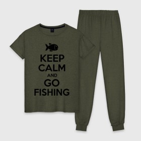 Женская пижама хлопок с принтом Keep calm and go fishing в Санкт-Петербурге, 100% хлопок | брюки и футболка прямого кроя, без карманов, на брюках мягкая резинка на поясе и по низу штанин | fishing | keep calm | рыбак | рыбалка | рыбачить | сохраняй спокойствие