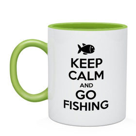 Кружка двухцветная с принтом Keep calm and go fishing в Санкт-Петербурге, керамика | объем — 330 мл, диаметр — 80 мм. Цветная ручка и кайма сверху, в некоторых цветах — вся внутренняя часть | fishing | keep calm | рыбак | рыбалка | рыбачить | сохраняй спокойствие