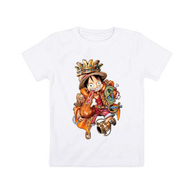 Детская футболка хлопок с принтом Луффи- король пиратов в Санкт-Петербурге, 100% хлопок | круглый вырез горловины, полуприлегающий силуэт, длина до линии бедер | anime | mugivara | one piece | pirates | аниме | ванпис | король | кубок | луффи | манга | мугивары | оба | пираты