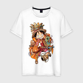 Мужская футболка хлопок с принтом Луффи- король пиратов в Санкт-Петербурге, 100% хлопок | прямой крой, круглый вырез горловины, длина до линии бедер, слегка спущенное плечо. | anime | mugivara | one piece | pirates | аниме | ванпис | король | кубок | луффи | манга | мугивары | оба | пираты