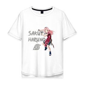 Мужская футболка хлопок Oversize с принтом Сакура Харуно в Санкт-Петербурге, 100% хлопок | свободный крой, круглый ворот, “спинка” длиннее передней части | Тематика изображения на принте: sakura | дзютсу | сакура