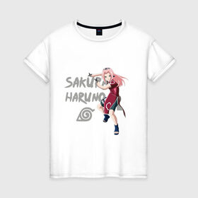 Женская футболка хлопок с принтом Сакура Харуно в Санкт-Петербурге, 100% хлопок | прямой крой, круглый вырез горловины, длина до линии бедер, слегка спущенное плечо | sakura | дзютсу | сакура