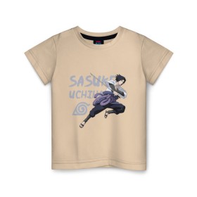 Детская футболка хлопок с принтом Саске Учиха в Санкт-Петербурге, 100% хлопок | круглый вырез горловины, полуприлегающий силуэт, длина до линии бедер | Тематика изображения на принте: sasuke | дзютсу | катана | саске | учиха | шаринган