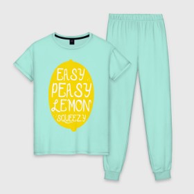 Женская пижама хлопок с принтом Easy Peasy Lemon Squeezy в Санкт-Петербурге, 100% хлопок | брюки и футболка прямого кроя, без карманов, на брюках мягкая резинка на поясе и по низу штанин | 