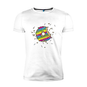 Мужская футболка премиум с принтом Взрывной пончик (радуга) в Санкт-Петербурге, 92% хлопок, 8% лайкра | приталенный силуэт, круглый вырез ворота, длина до линии бедра, короткий рукав | 