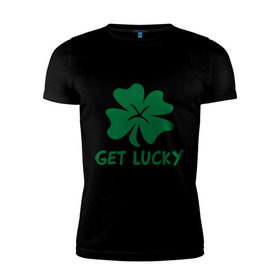 Мужская футболка премиум с принтом Get lucky в Санкт-Петербурге, 92% хлопок, 8% лайкра | приталенный силуэт, круглый вырез ворота, длина до линии бедра, короткий рукав | Тематика изображения на принте: get lucky | ирландия | клевер | патрик | святой