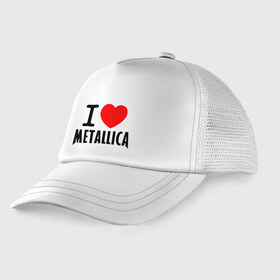 Детская кепка тракер с принтом I love Metallica в Санкт-Петербурге, Козырек - 100% хлопок. Кепка - 100% полиэстер, Задняя часть - сетка | универсальный размер, пластиковая застёжка | Тематика изображения на принте: металлика