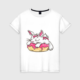 Женская футболка хлопок с принтом Зайка в Санкт-Петербурге, 100% хлопок | прямой крой, круглый вырез горловины, длина до линии бедер, слегка спущенное плечо | бублик | зайка | заяц | кролик | милаха | пончик