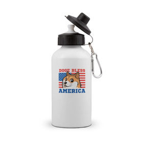 Бутылка спортивная с принтом Doge bless America в Санкт-Петербурге, металл | емкость — 500 мл, в комплекте две пластиковые крышки и карабин для крепления | dog | mem | америка | лайка | собака | сша