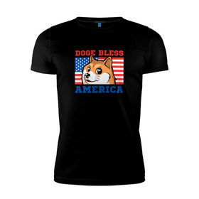 Мужская футболка премиум с принтом Doge bless America в Санкт-Петербурге, 92% хлопок, 8% лайкра | приталенный силуэт, круглый вырез ворота, длина до линии бедра, короткий рукав | dog | mem | америка | лайка | собака | сша