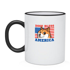 Кружка двухцветная с принтом Doge bless America в Санкт-Петербурге, керамика | объем — 330 мл, диаметр — 80 мм. Цветная ручка и кайма сверху, в некоторых цветах — вся внутренняя часть | dog | mem | америка | лайка | собака | сша