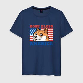 Мужская футболка хлопок с принтом Doge bless America в Санкт-Петербурге, 100% хлопок | прямой крой, круглый вырез горловины, длина до линии бедер, слегка спущенное плечо. | Тематика изображения на принте: dog | mem | америка | лайка | собака | сша