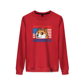 Женский свитшот хлопок с принтом Doge bless America в Санкт-Петербурге, 100% хлопок | прямой крой, круглый вырез, на манжетах и по низу широкая трикотажная резинка  | dog | mem | америка | лайка | собака | сша