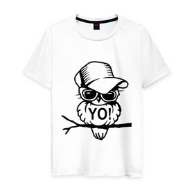 Мужская футболка хлопок с принтом Сова в кепке в Санкт-Петербурге, 100% хлопок | прямой крой, круглый вырез горловины, длина до линии бедер, слегка спущенное плечо. | Тематика изображения на принте: сова