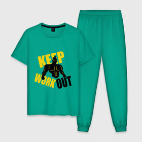 Мужская пижама хлопок с принтом Keep workout (тренируйся) в Санкт-Петербурге, 100% хлопок | брюки и футболка прямого кроя, без карманов, на брюках мягкая резинка на поясе и по низу штанин
 | keep | out | work | тренируйся