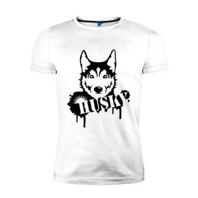 Мужская футболка премиум с принтом Хаски (Husky) в Санкт-Петербурге, 92% хлопок, 8% лайкра | приталенный силуэт, круглый вырез ворота, длина до линии бедра, короткий рукав | Тематика изображения на принте: husky | собака | хаски