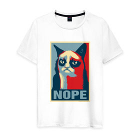 Мужская футболка хлопок с принтом Grumpy Cat NOPE в Санкт-Петербурге, 100% хлопок | прямой крой, круглый вырез горловины, длина до линии бедер, слегка спущенное плечо. | grumpy cat | nope