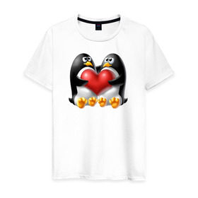Мужская футболка хлопок с принтом Влюбленные пингвины в Санкт-Петербурге, 100% хлопок | прямой крой, круглый вырез горловины, длина до линии бедер, слегка спущенное плечо. | . любовь | влюбленные пингвины с сердцемвлюбленные | пингвины | сердце