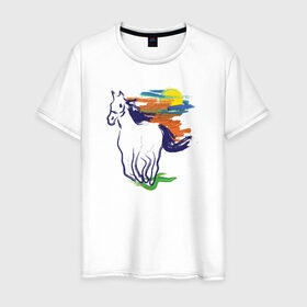 Мужская футболка хлопок с принтом Синий конь в Санкт-Петербурге, 100% хлопок | прямой крой, круглый вырез горловины, длина до линии бедер, слегка спущенное плечо. | horse | кон | лошадь