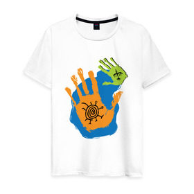 Мужская футболка хлопок с принтом Ладони. Этно 2 в Санкт-Петербурге, 100% хлопок | прямой крой, круглый вырез горловины, длина до линии бедер, слегка спущенное плечо. | ethno | hands | ладони | руки | символы