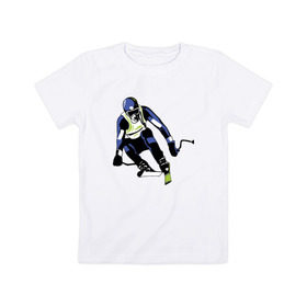Детская футболка хлопок с принтом Лыжник в Санкт-Петербурге, 100% хлопок | круглый вырез горловины, полуприлегающий силуэт, длина до линии бедер | горнолыжная тема | горнолыжник спускается с горыочки | лыжи | лыжник | палки | спорт | шлем