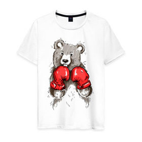 Мужская футболка хлопок с принтом Russia boxing в Санкт-Петербурге, 100% хлопок | прямой крой, круглый вырез горловины, длина до линии бедер, слегка спущенное плечо. | Тематика изображения на принте: boxing | бокс | медведь | мишка | перчатки | спорт
