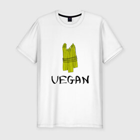 Мужская футболка премиум с принтом Веган в Санкт-Петербурге, 92% хлопок, 8% лайкра | приталенный силуэт, круглый вырез ворота, длина до линии бедра, короткий рукав | @ | веган | вегетарианство | как символ сыроеденияпитание | на макете изображена стилизованная спаржа | спаржа | спорт